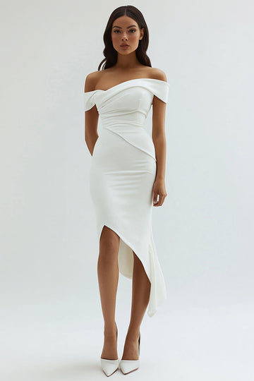 Épaule dénudée fourreau satin thé longueur blanche robe de graduation